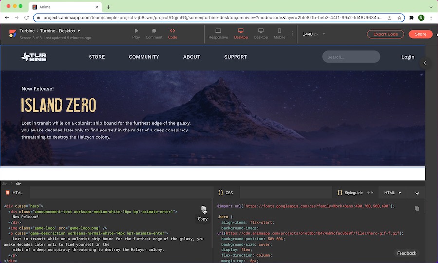 View and copy the HTML code for individual components with Anima's Code Mode
