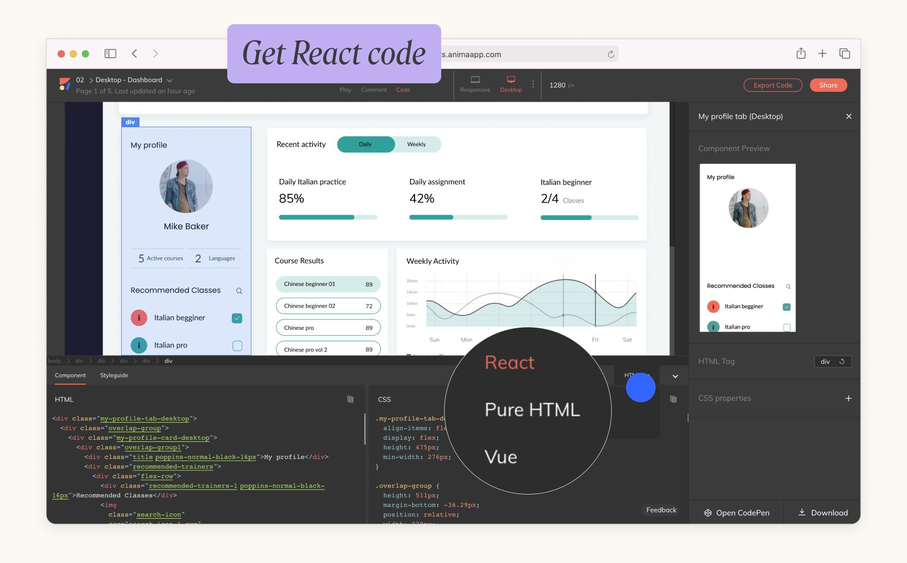 Get React code for designs> select react code