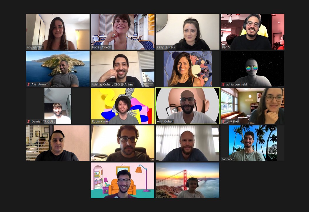 Image of a Zoom meeting with all the staff of Anima working remotely 