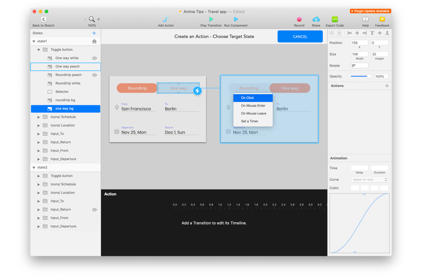 Creating interactions in Sketch with Anima: Define action and event