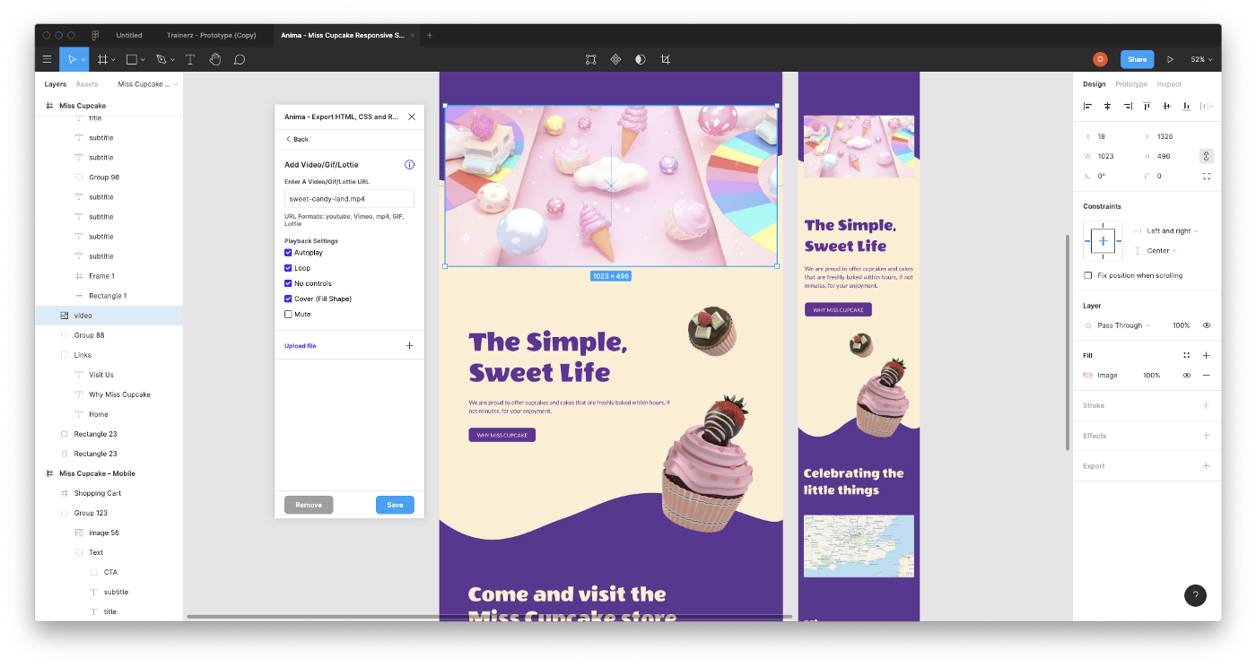 Figma file with live video, by using Anima