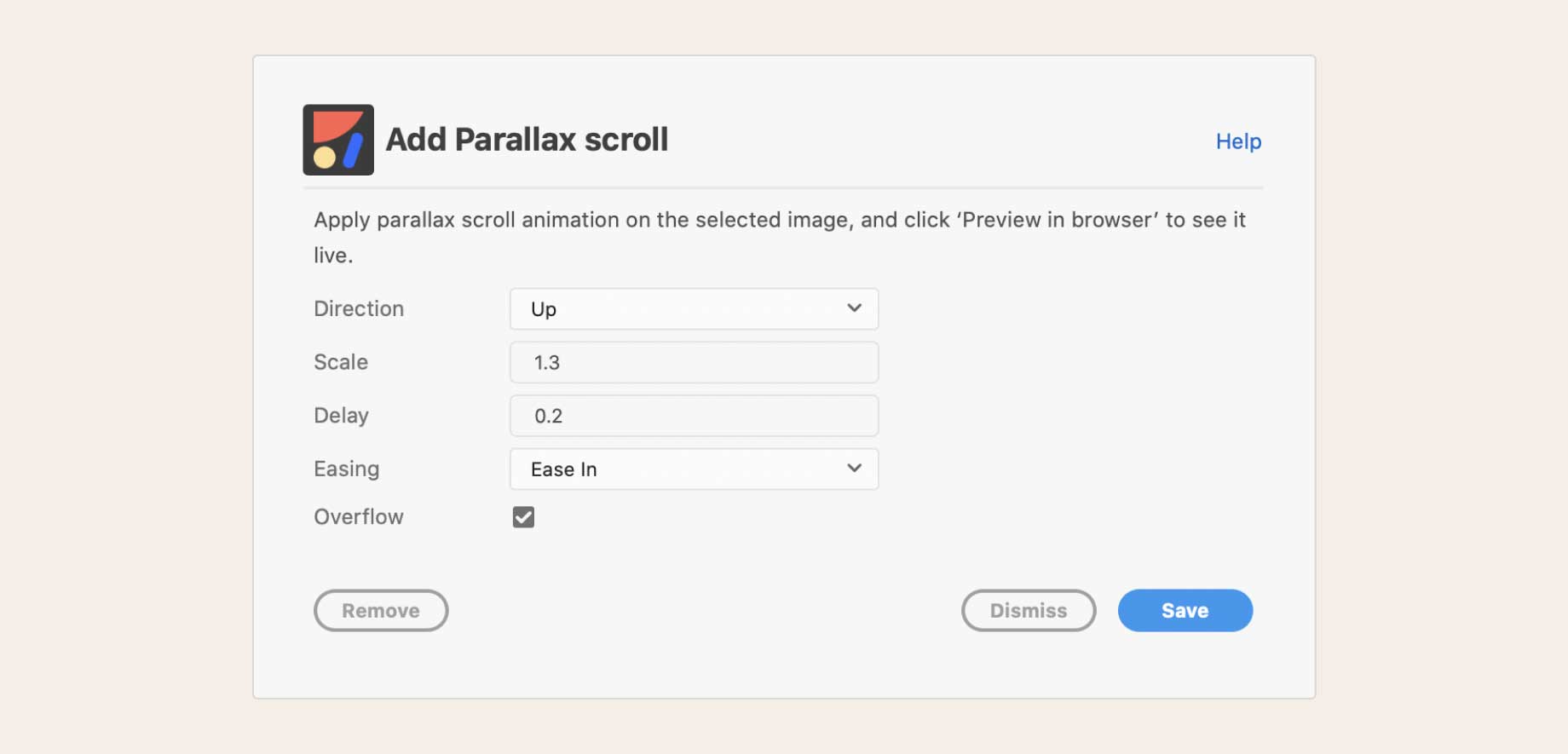 Parallax animation settings for Adobe XD using the Anima plugin.