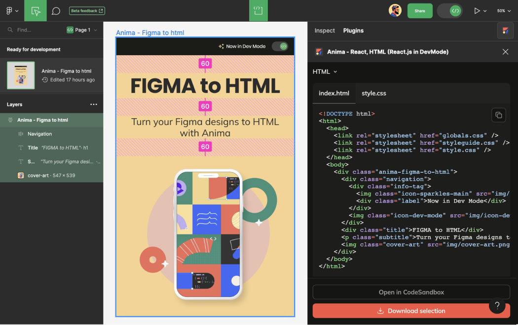 Export Figma to HTML in Dev Mode