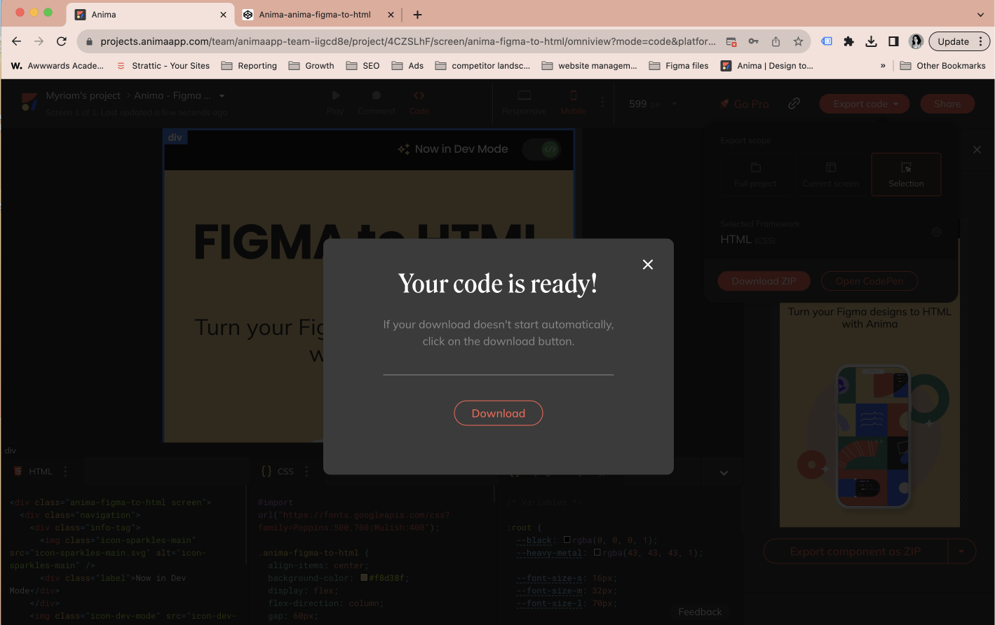 Anima's pop up "your code is ready"