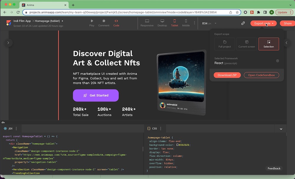 Clicking 'Export code' in the Anima web app to download React code for a single selection, screen, or entire project.