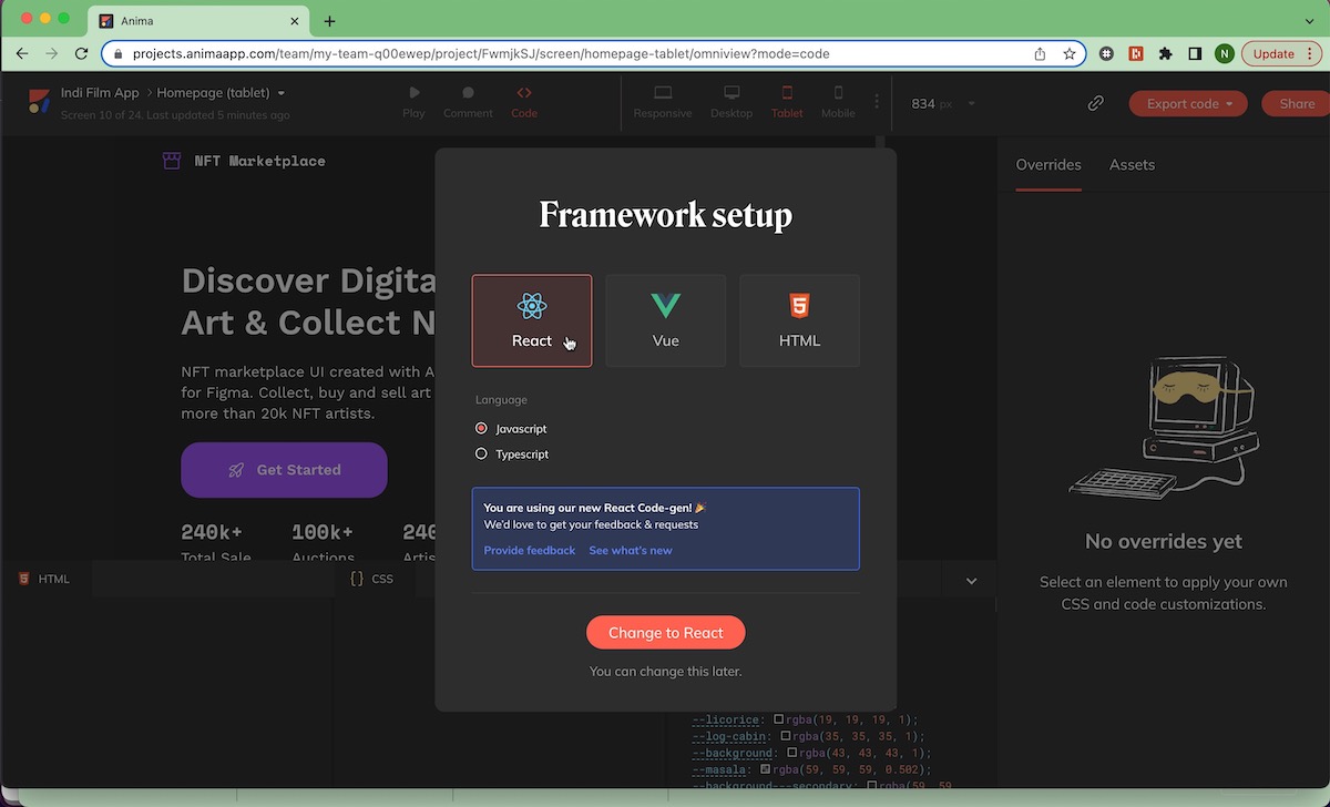 Selecting React in the framework setup in the Anima Web App's Code Mode.