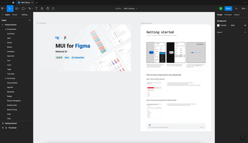 A gif demonstrating how to install the MUI component library in Figma.