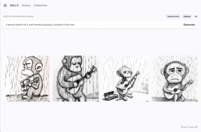 Dall-E 2 generated images: “a pencil sketch of a sad monkey playing a ukulele in the rain”