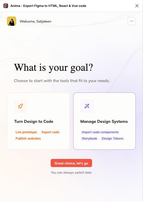 The opening screen of the Anima plugin, with the option to convert design to code or manage your design system automatically.