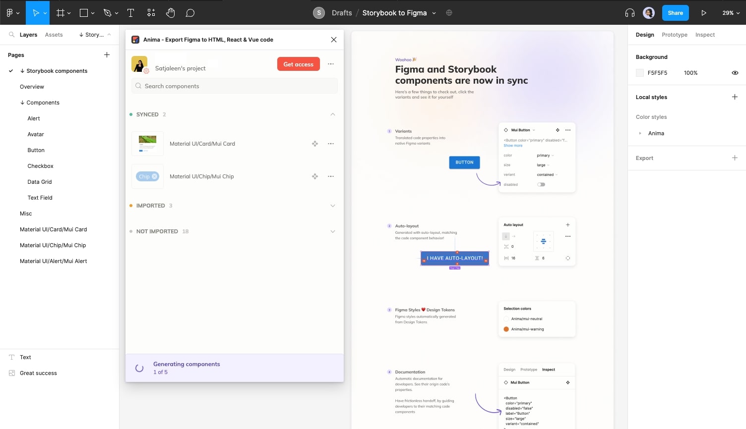 Storybook code components from MUI's design system sgenerating automatically in Figma.