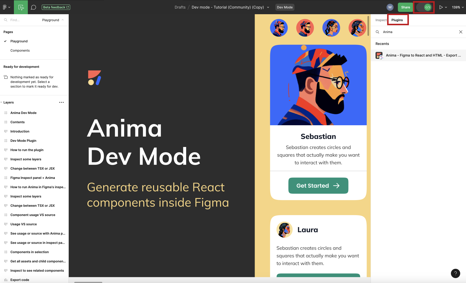 Anima codegen in Figma Dev Mode