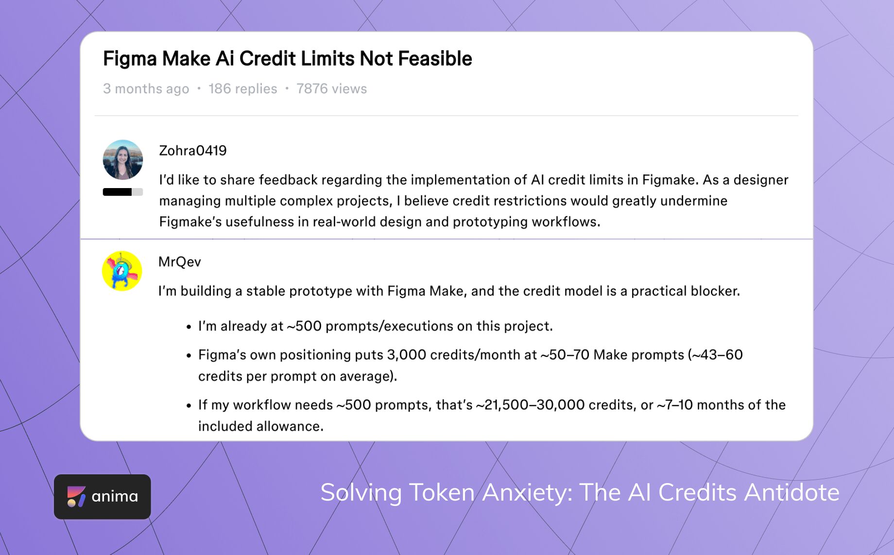 Figma forum screenshot showing designers saying AI credit limits are not feasible for real-world prototyping