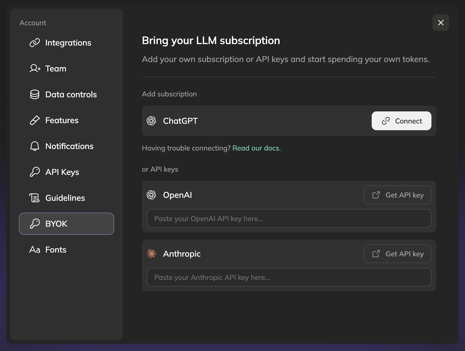 Anima BYOK settings showing ChatGPT connection and OpenAI and Anthropic API key fields