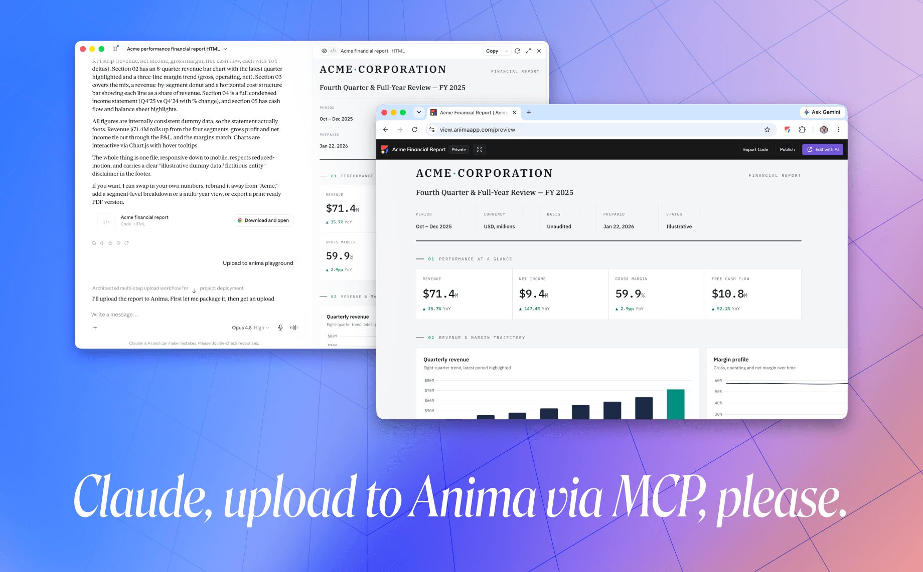Claude artefakt uploadet til Anima Playground via MCP