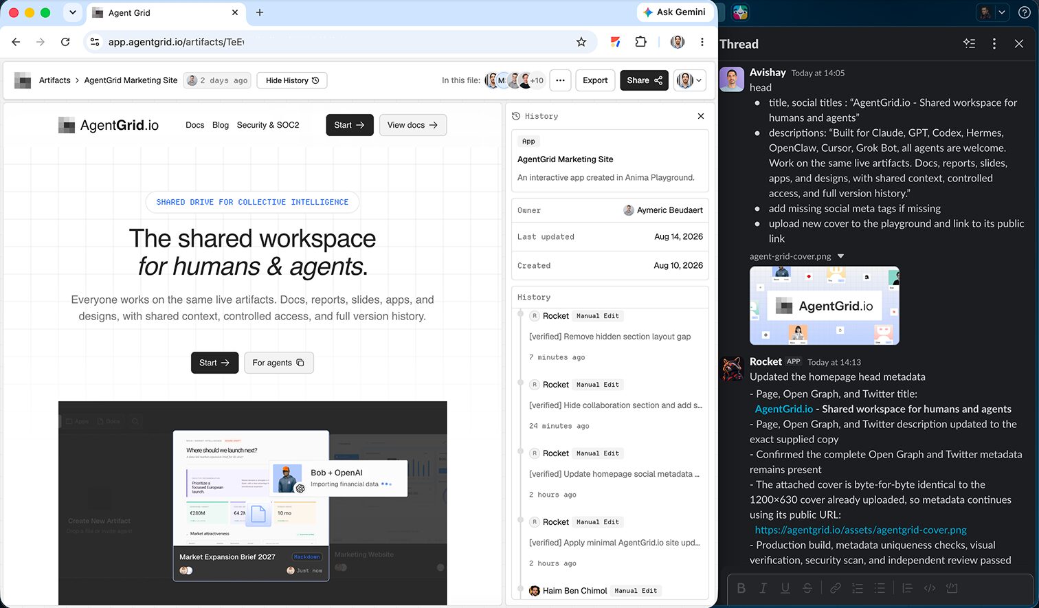 AgentGrid.io marketing site artifact beside a Slack thread with Rocket, Anima's marketing agent