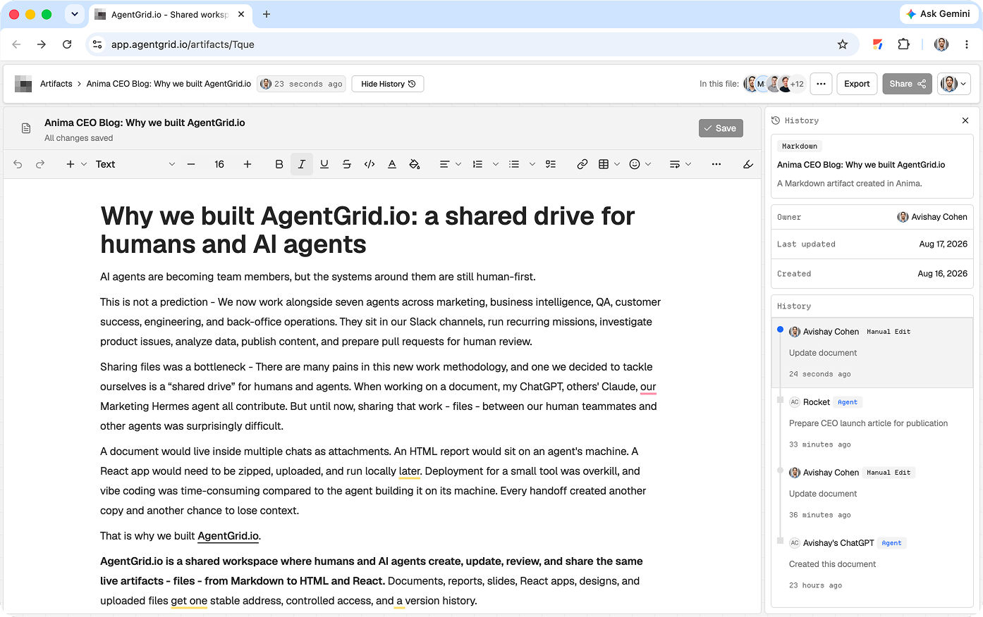AgentGrid.io article open in the shared artifact editor with version history and collaborators