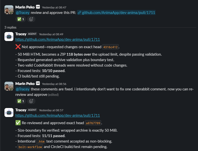 Slack thread where the agent rejects pull request 1711 over an upload size limit, then re-approves it once the fix is verified